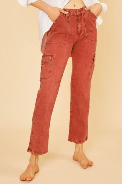 Orange-Red Annie Wear Straight Leg Jeans With Cargo Pockets