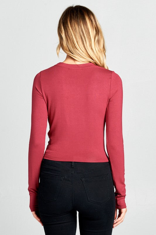 Kelly Green Round Neck Long Sleeve Knit Crop Top