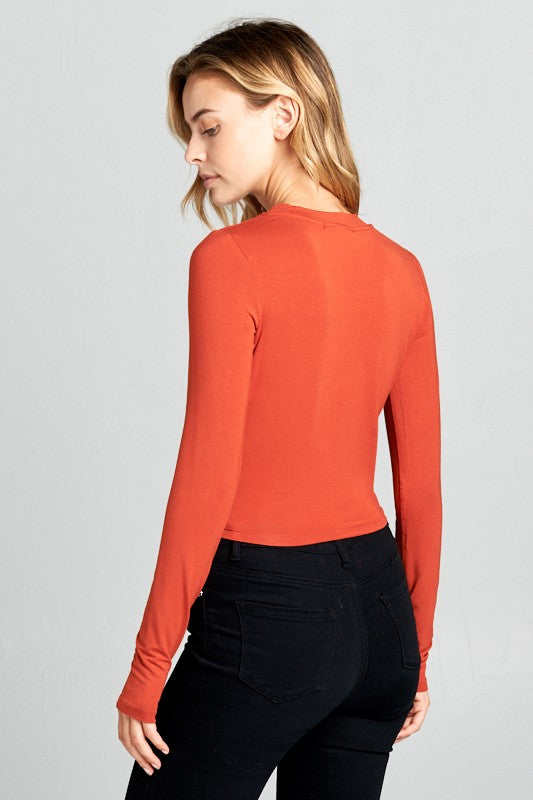 Red Round Neck Long Sleeve Knit Crop Top