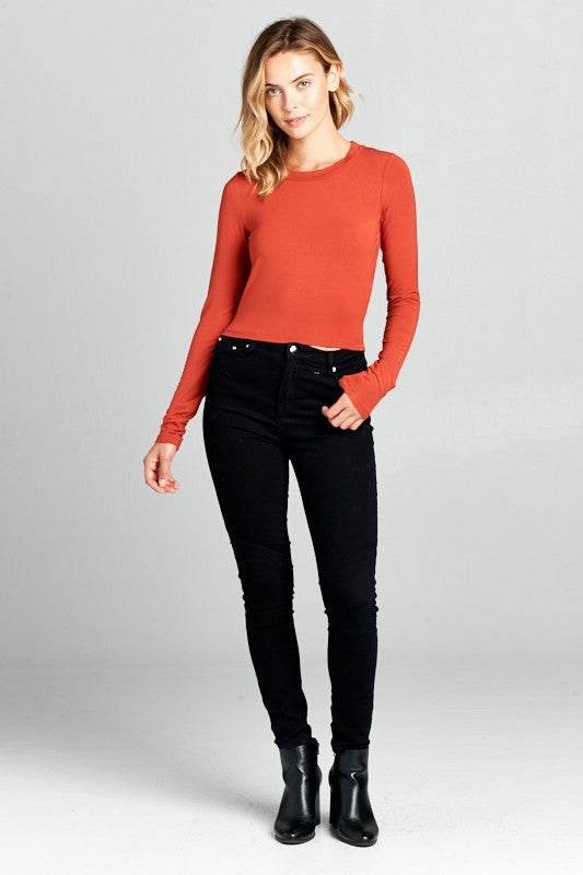 Dk Red Round Neck Long Sleeve Knit Crop Top