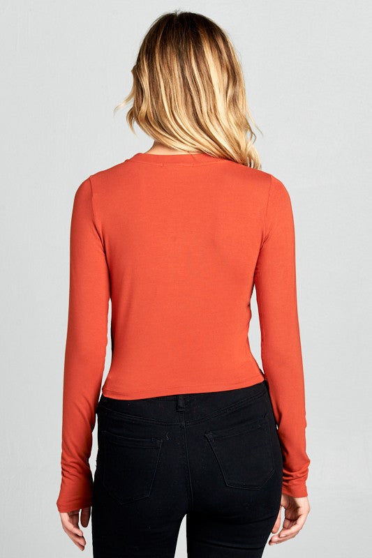 Dk Red Round Neck Long Sleeve Knit Crop Top