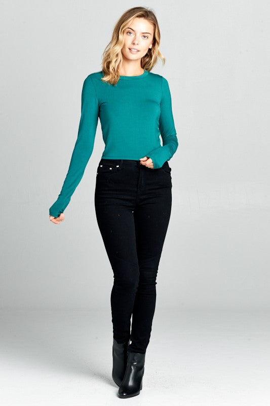 Round Neck Long Sleeve Knit Crop Top