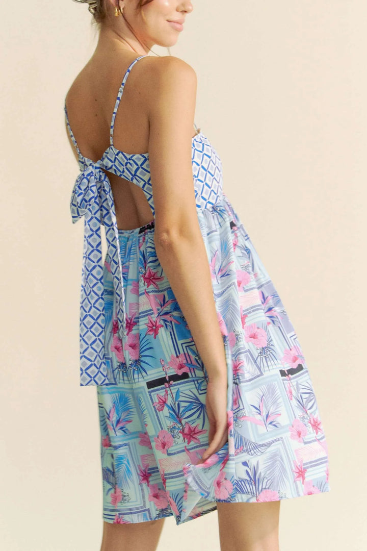 Davi Dani Tropical Floral Geo Print Tie Back Tube Top Romper