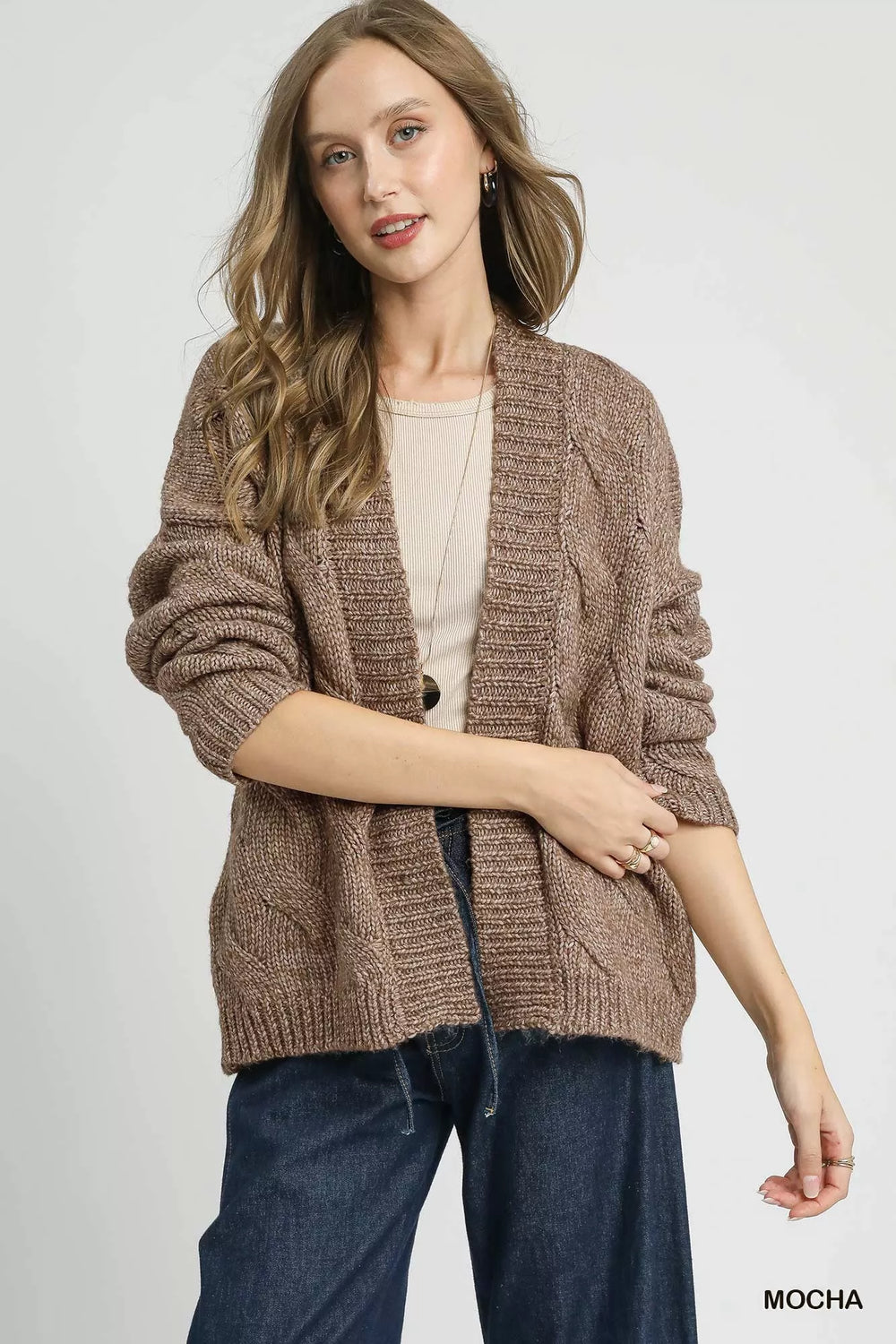 Mocha Umgee Chunky Cable Knit Open Front Cardigan