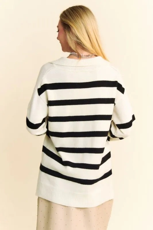 White Davi Dani High Low Side Slit Striped Johnny Collar Sweater