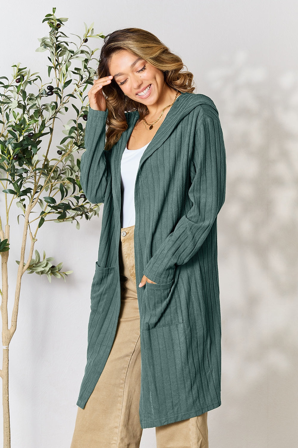 Teal Basic Bae Full Size Hooded Sweater Cardigan