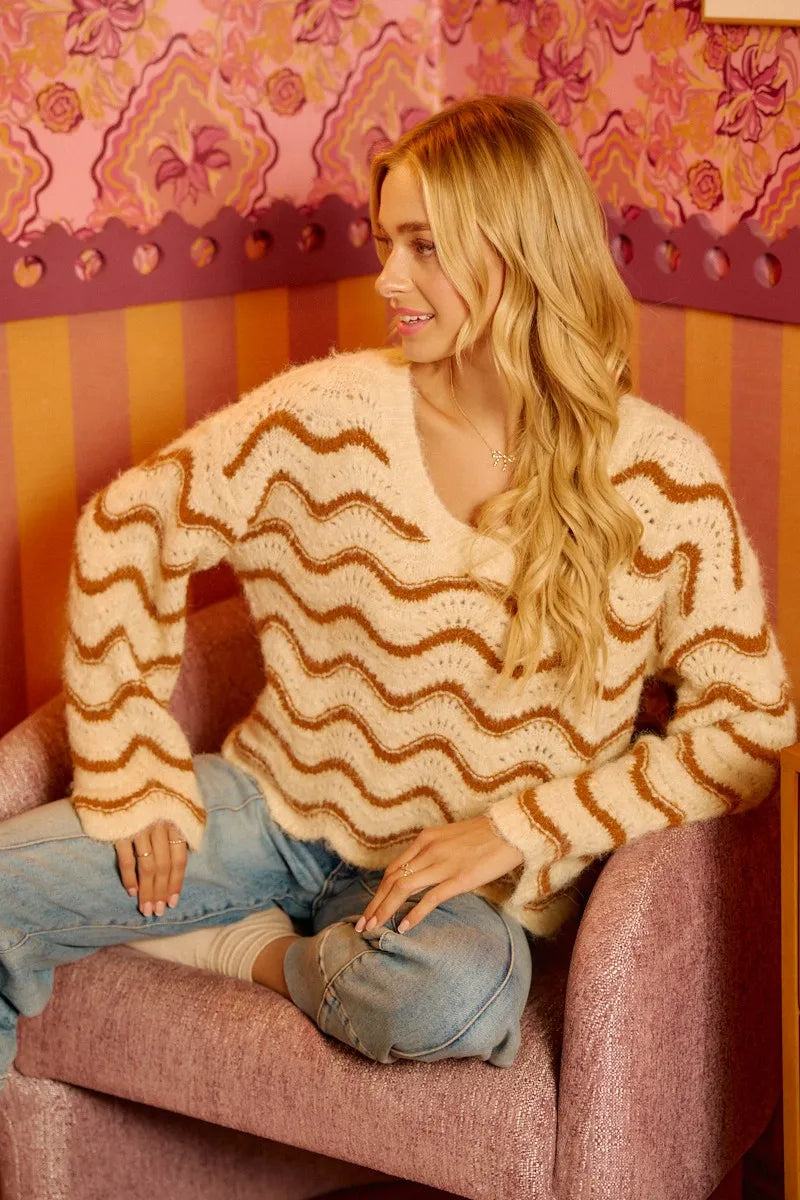 Oatmeal/Cinnamon Bibi Wavy Stripes V Neck Cropped Sweater