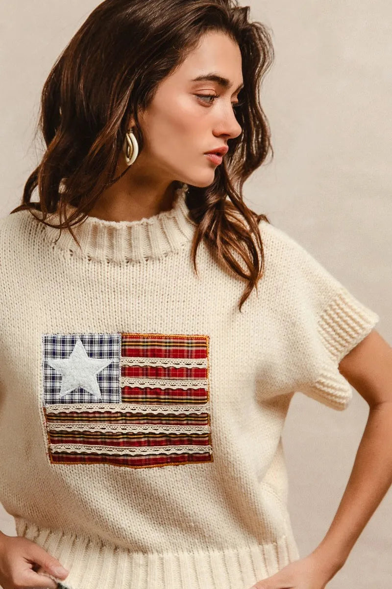 Bibi American Flag Patchwork Drop Shoulder Sweater