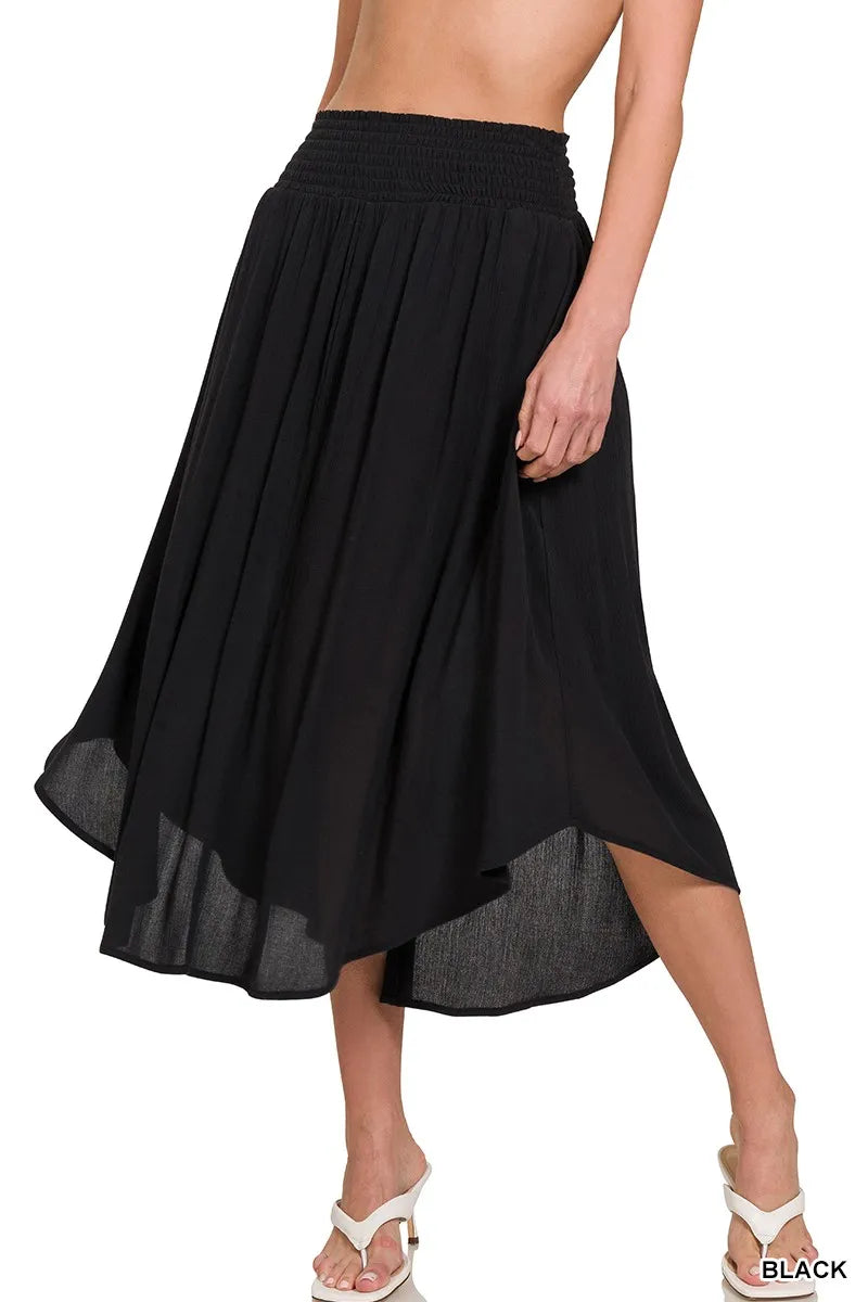Black Zenana Woven Crinkle Smocked Waist Maxi Skirt W Pockets 1