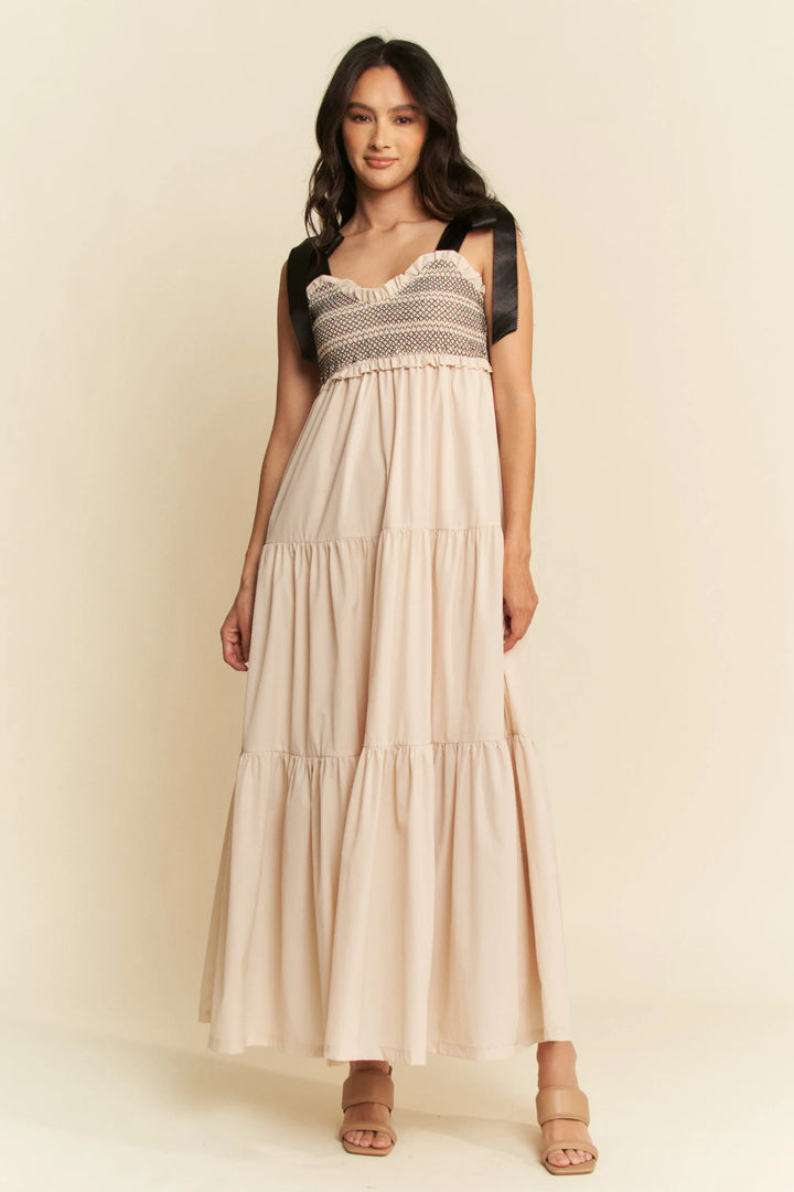 Beige Davi Dani Multi Contrast Smocked Bodice Straps Maxi Dress