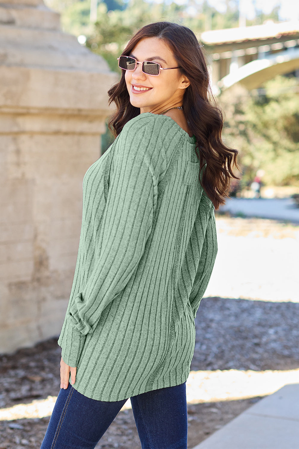 Khaki Basic Bae Full Size Ribbed Round Neck Long Sleeve Knit Top