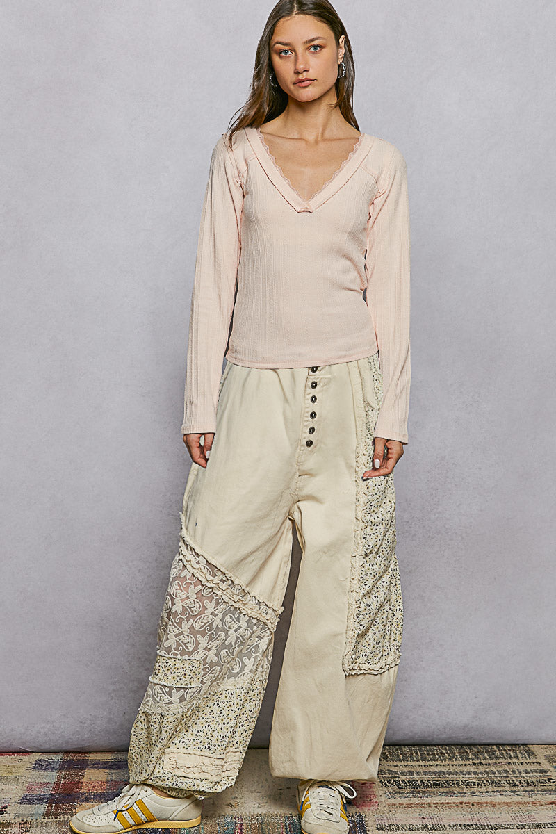 Pol V Neck Long Sleeve Ribbed Top With Lace Accent Neckband 1