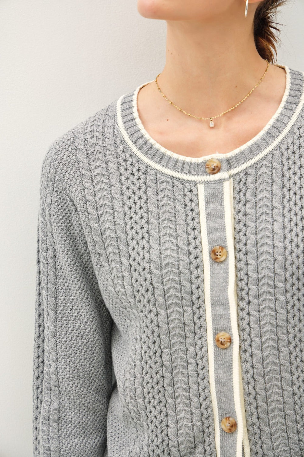 Gray Be Cool Cable Knit Long Sleeve Contrast Edge Cardigan