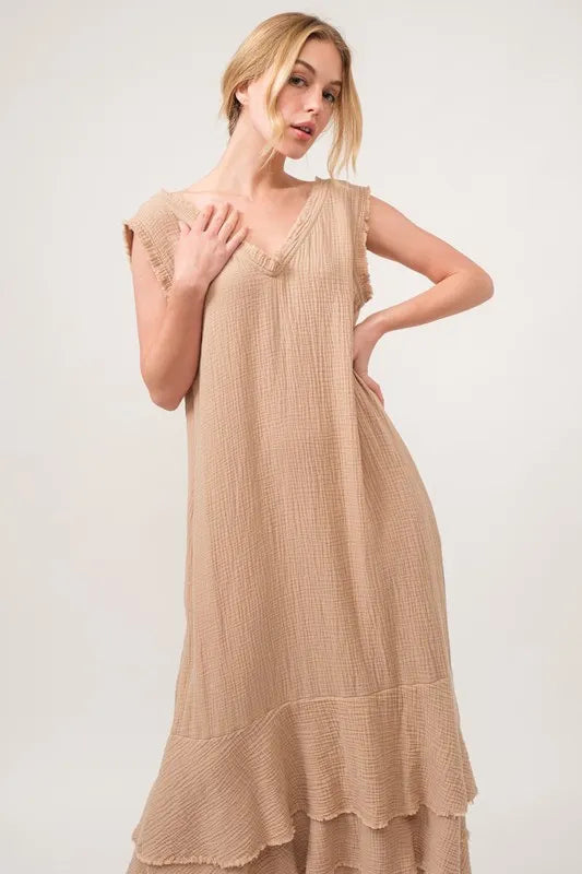 And The Why Washed Cotton Gauze Fringe Detail Tiered Dress 1