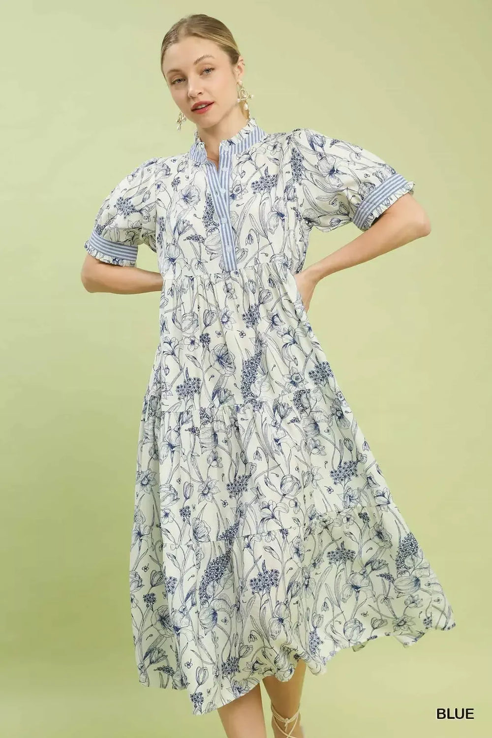 Blue Umgee Floral Tiered Midi Dress With Ruffle Trim