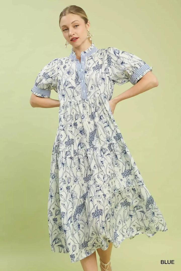 Blue Umgee Floral Tiered Midi Dress With Ruffle Trim