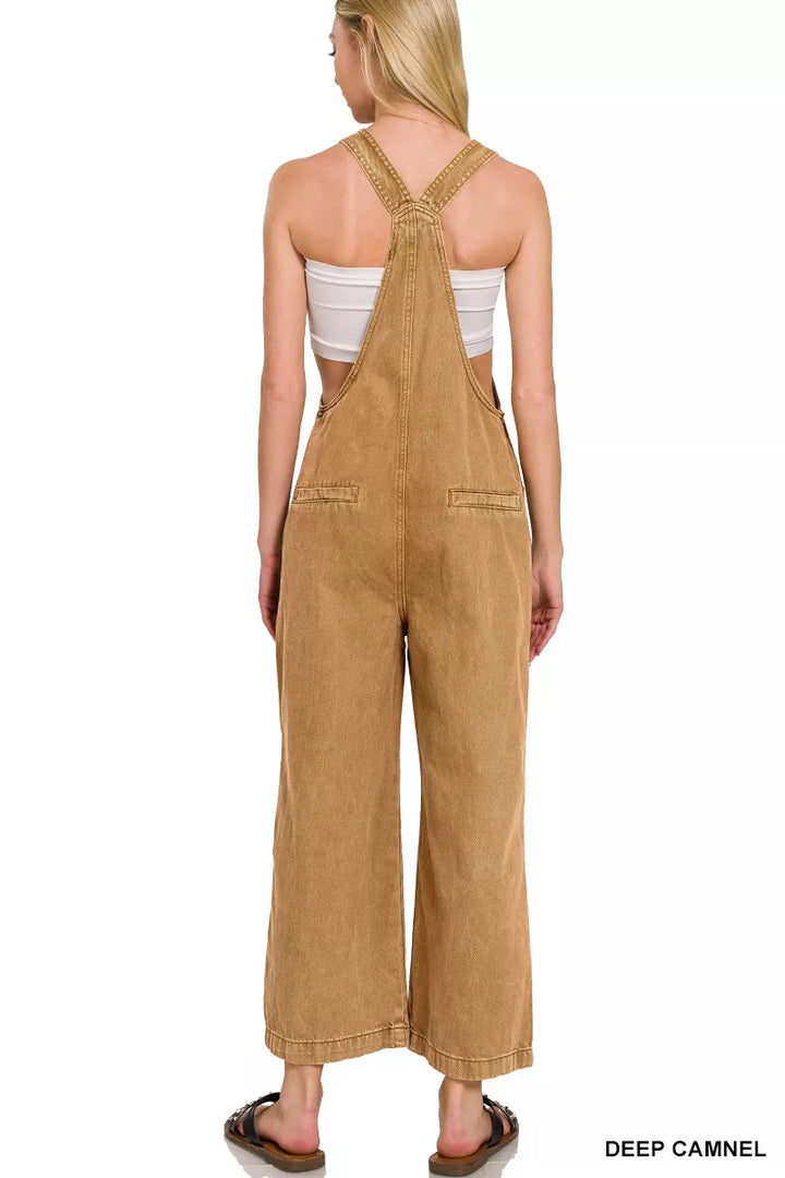 Deep Camel Zenana Washed Knot Strap Pockets Jumpsuit 2