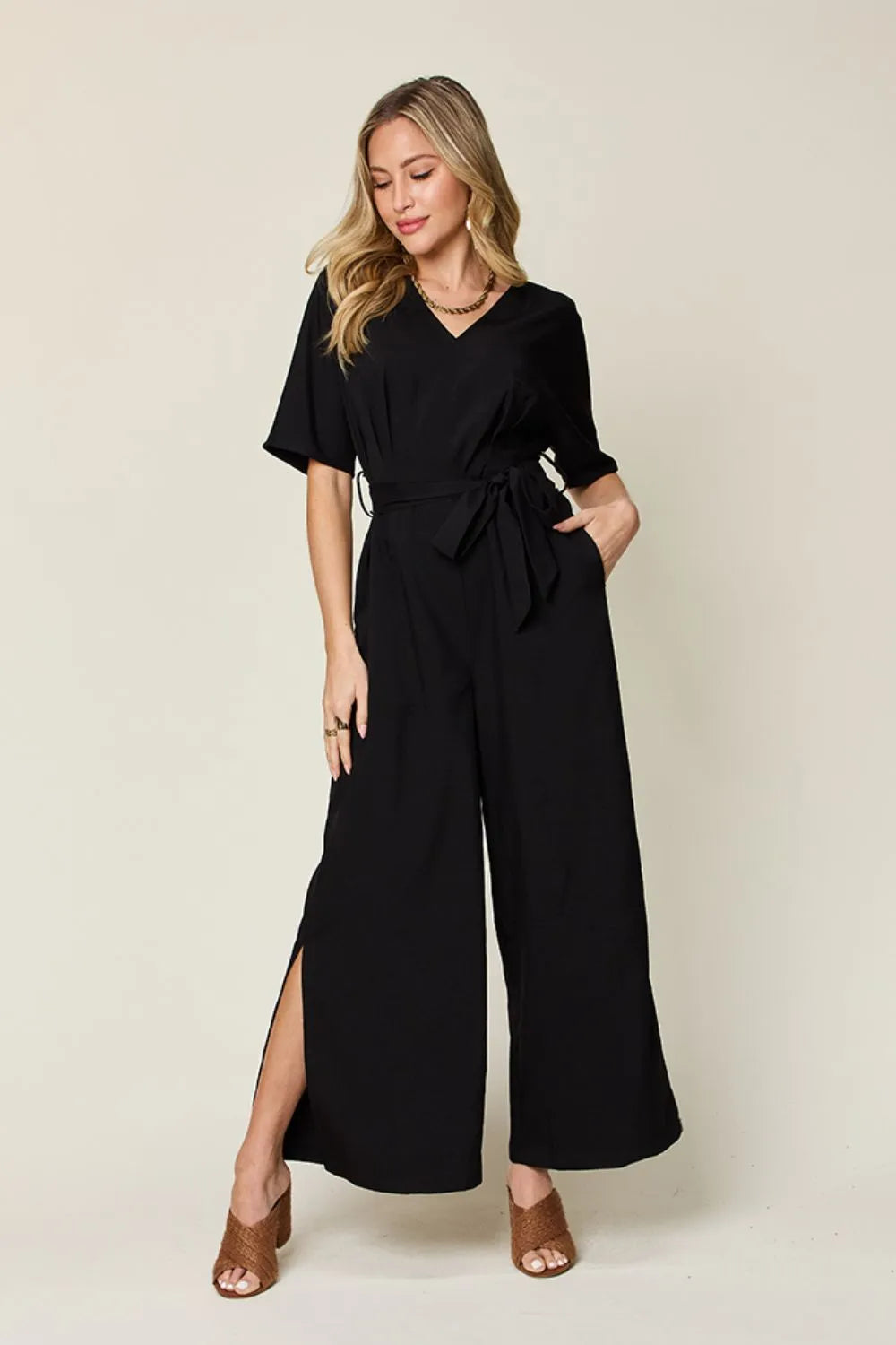 Black Double Take Full Size V Neck Tied Side Slit Jumpsuit
