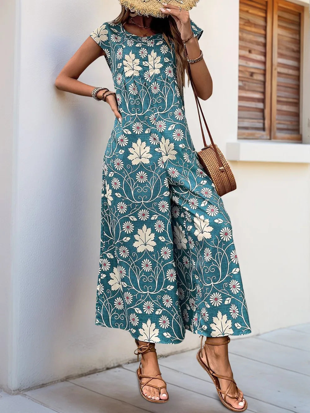 Turquoise Perfee Printed Round Neck Cap Sleeve Wide Leg Jumpsuit