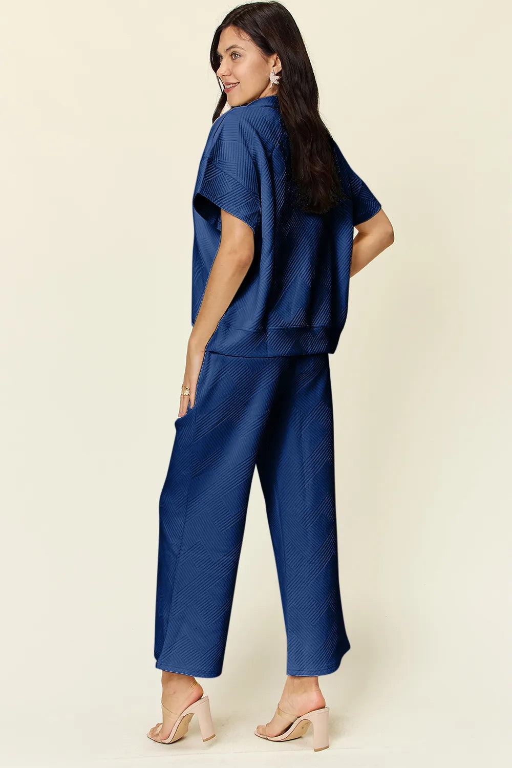 Olive Double Take Full Size Texture Half Zip Short Sleeve Top And Pants Set 1