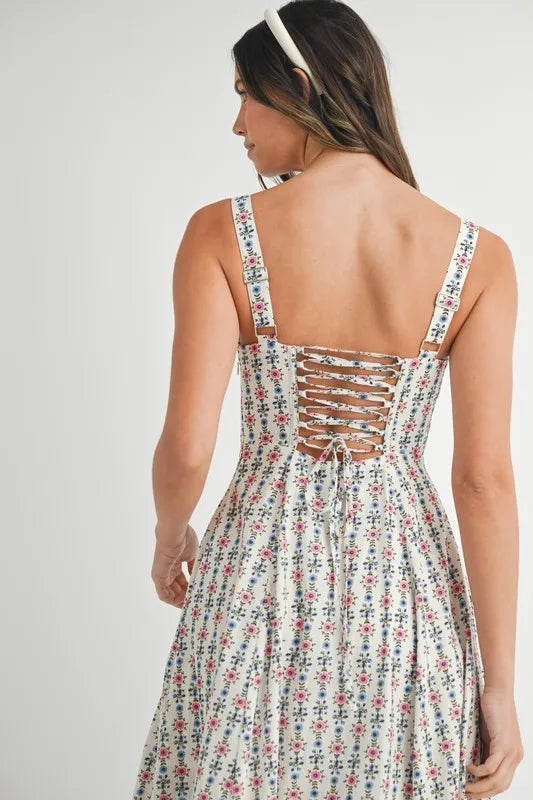 Mable Floral Print Bustier Back Lace Up Midi Dress 1