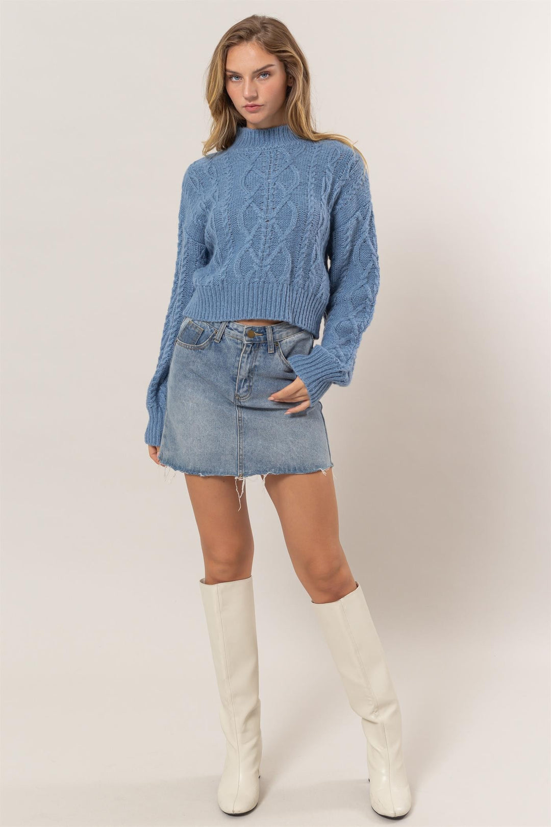 Hyfve Cable Knit Mock Neck Dropped Shoulder Sweater