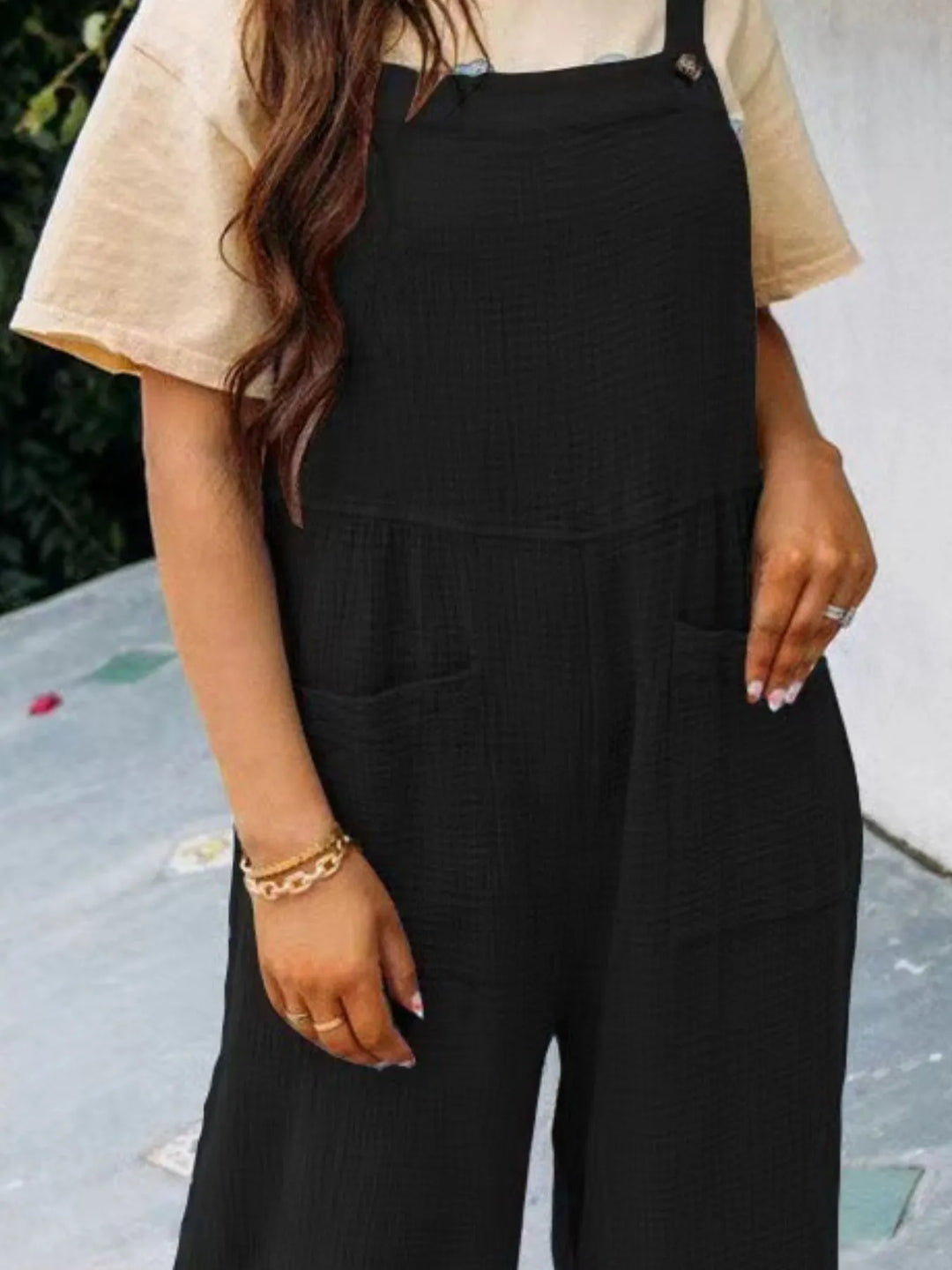 Dark Blue Full Size Casual Wide Leg Textured Overalls Plus Size