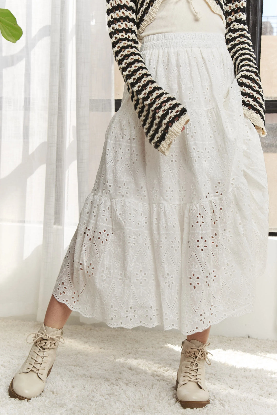 White Adora Elastic Waistband Tiered Midi Skirt 3
