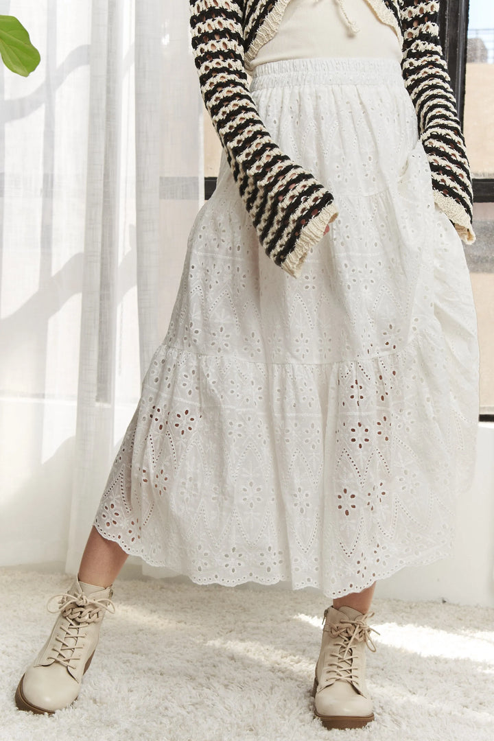 White Adora Elastic Waistband Tiered Midi Skirt 3