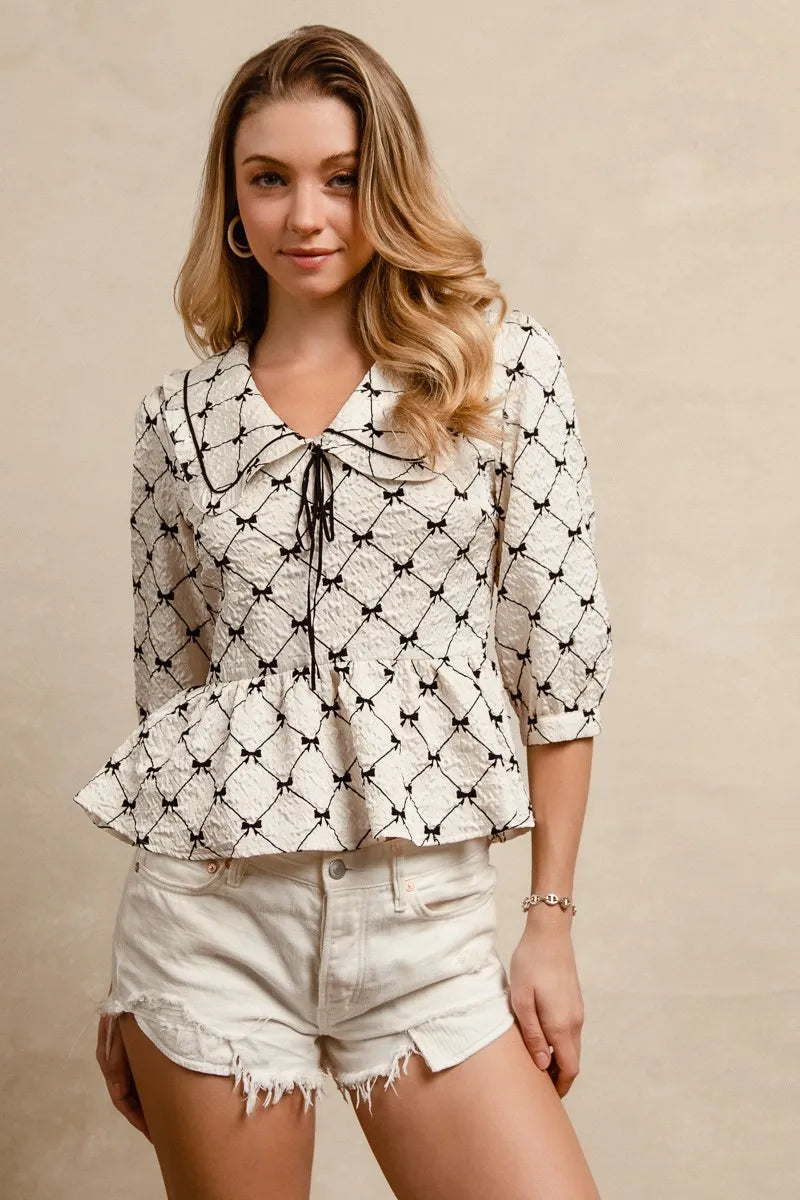 Ivory Bibi Bow Prints Patterns Ruffle Collar Details Peplum Top