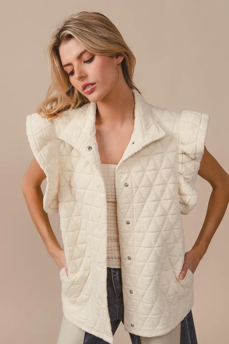 Oatmeal Bibi Quilting Knit Ruffle Sleeve Vest