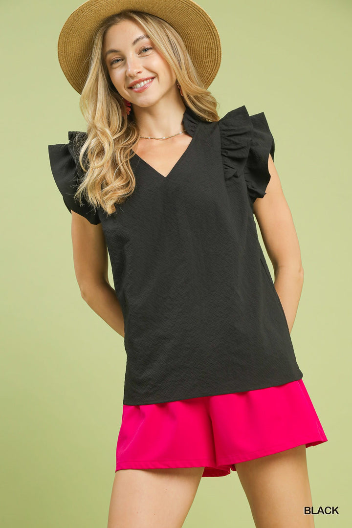 Black Umgee Textured Ruffle Sleeve V Neck Blouse