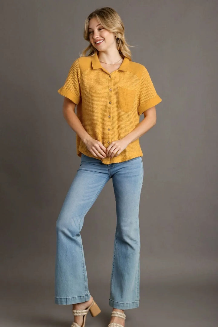 Yellow Umgee Full Size Waffle Knit Short Sleeve Button Down Shirt Plus Size