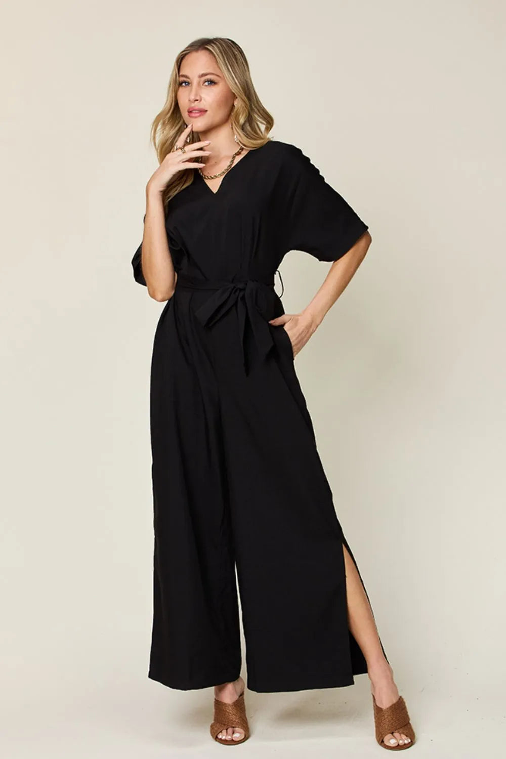 Black Double Take Full Size V Neck Tied Side Slit Jumpsuit