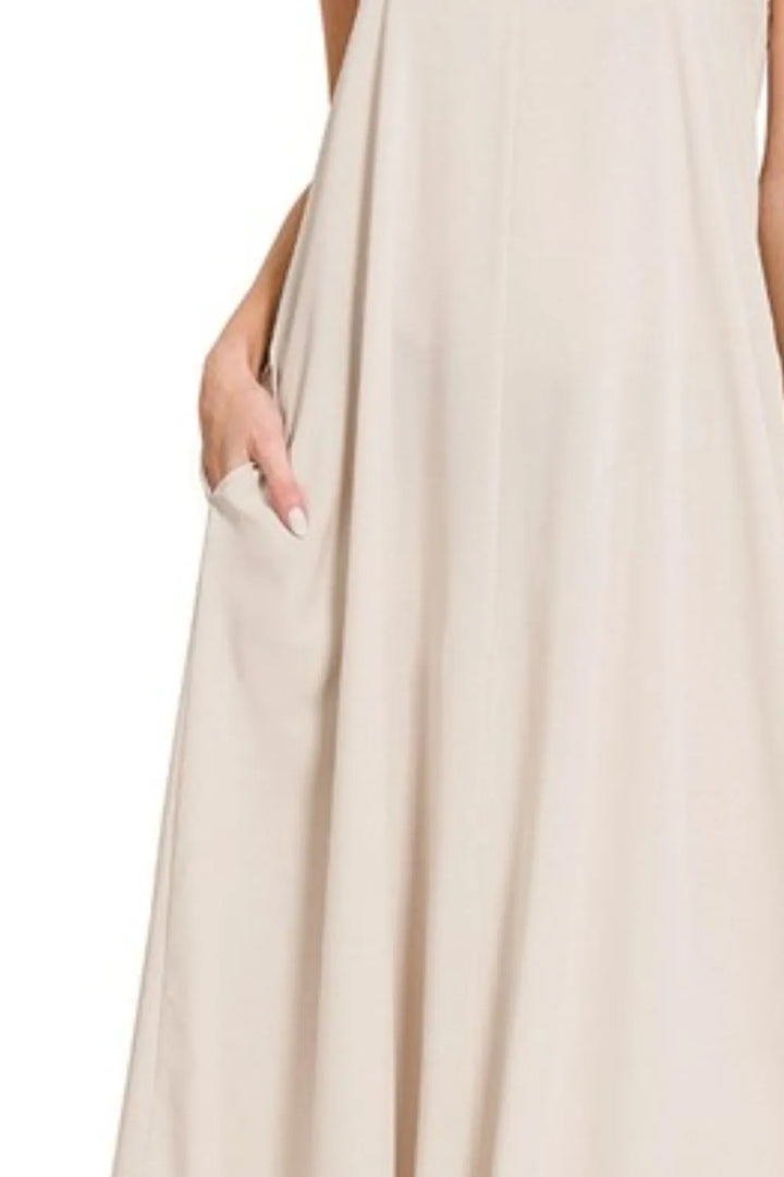 Sand Beige Zenana Woven Arc Hem Cami Dress With Flowy Pockets 4