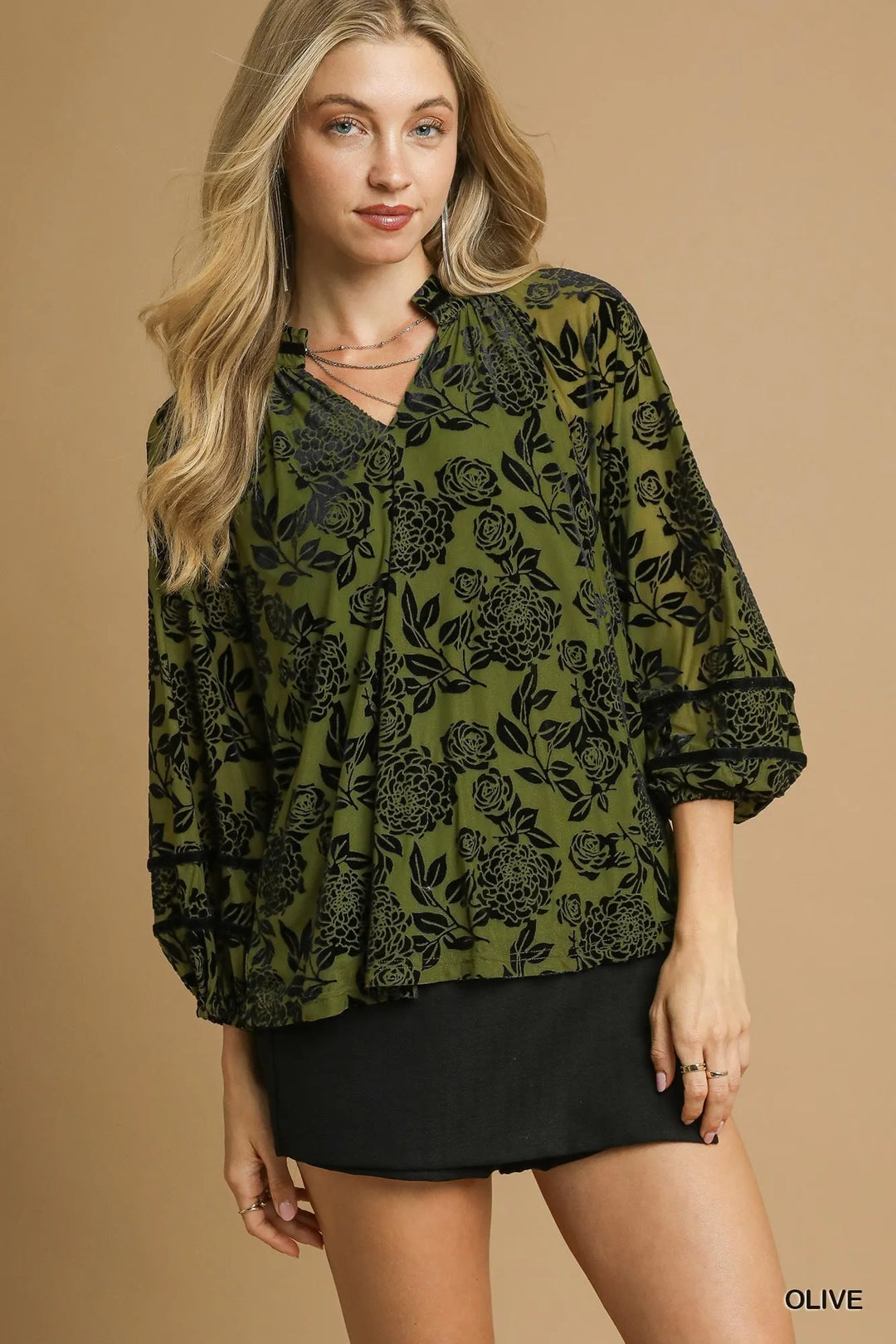 Olive Umgee Full Size Floral Velvet Blouse With Balloon Sleeves Plus Size