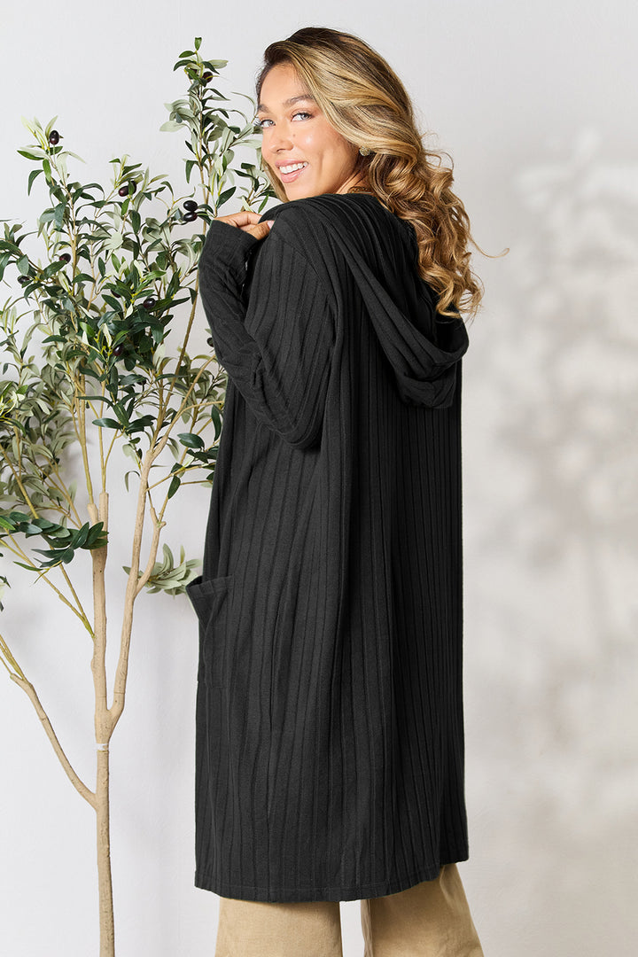 Black Basic Bae Full Size Hooded Sweater Cardigan