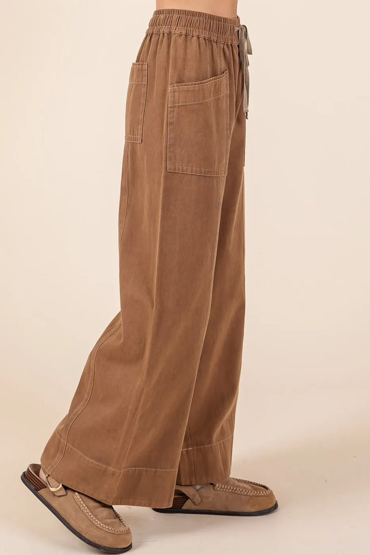 Cocoa Mittoshop Mineral Wash Wide Leg Elastic Waist Twill Pants