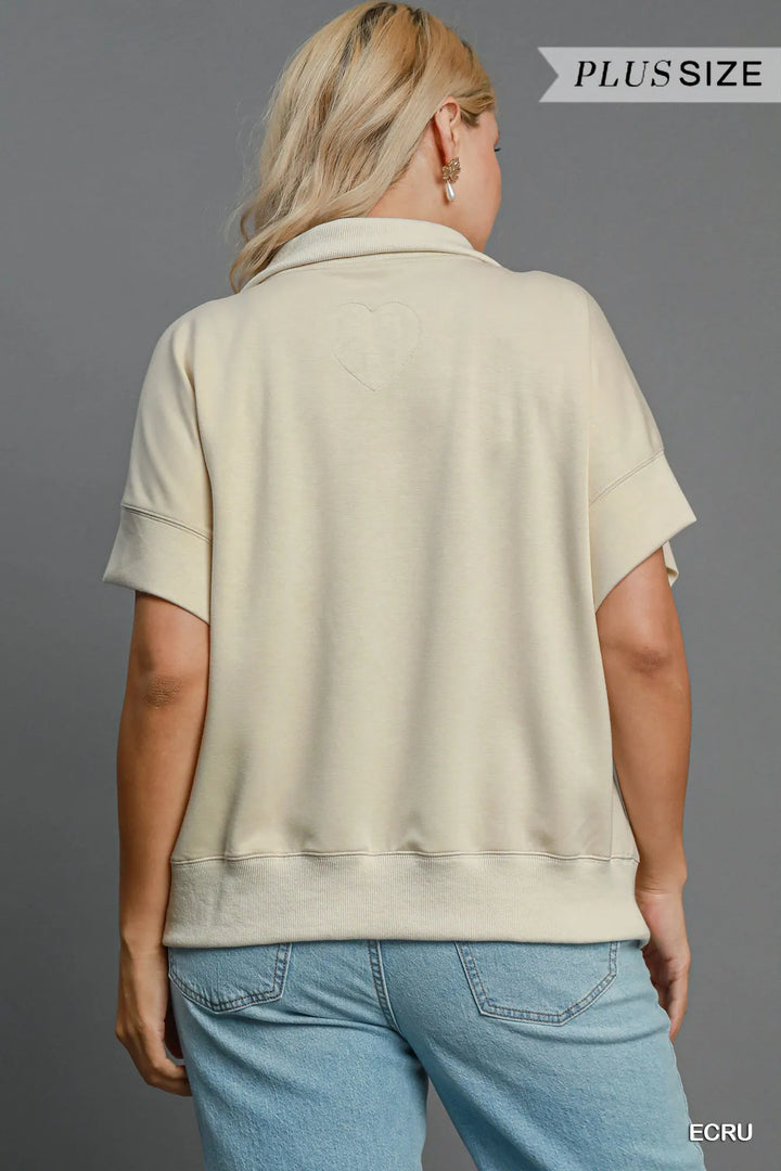 Ecru Umgee Full Size Half Zip Short Sleeve Top Plus Size 3