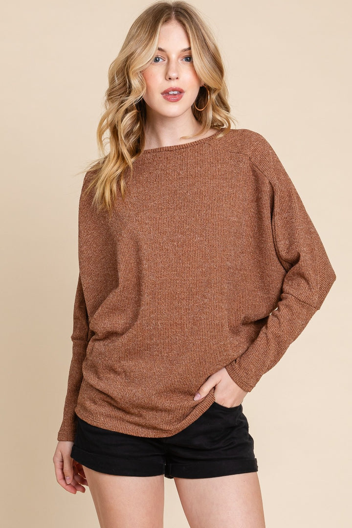 Camel Bombom Drop Shoulder Long Sleeve Knit Top 1