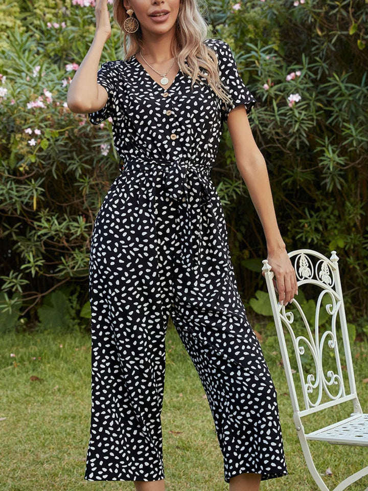 Black Ivy Lane Printed V Neck Short Sleeve Jumpsuit