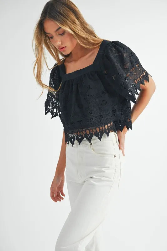 Black Mable Square Neck Crochet Lace Top With Double Bow Tie