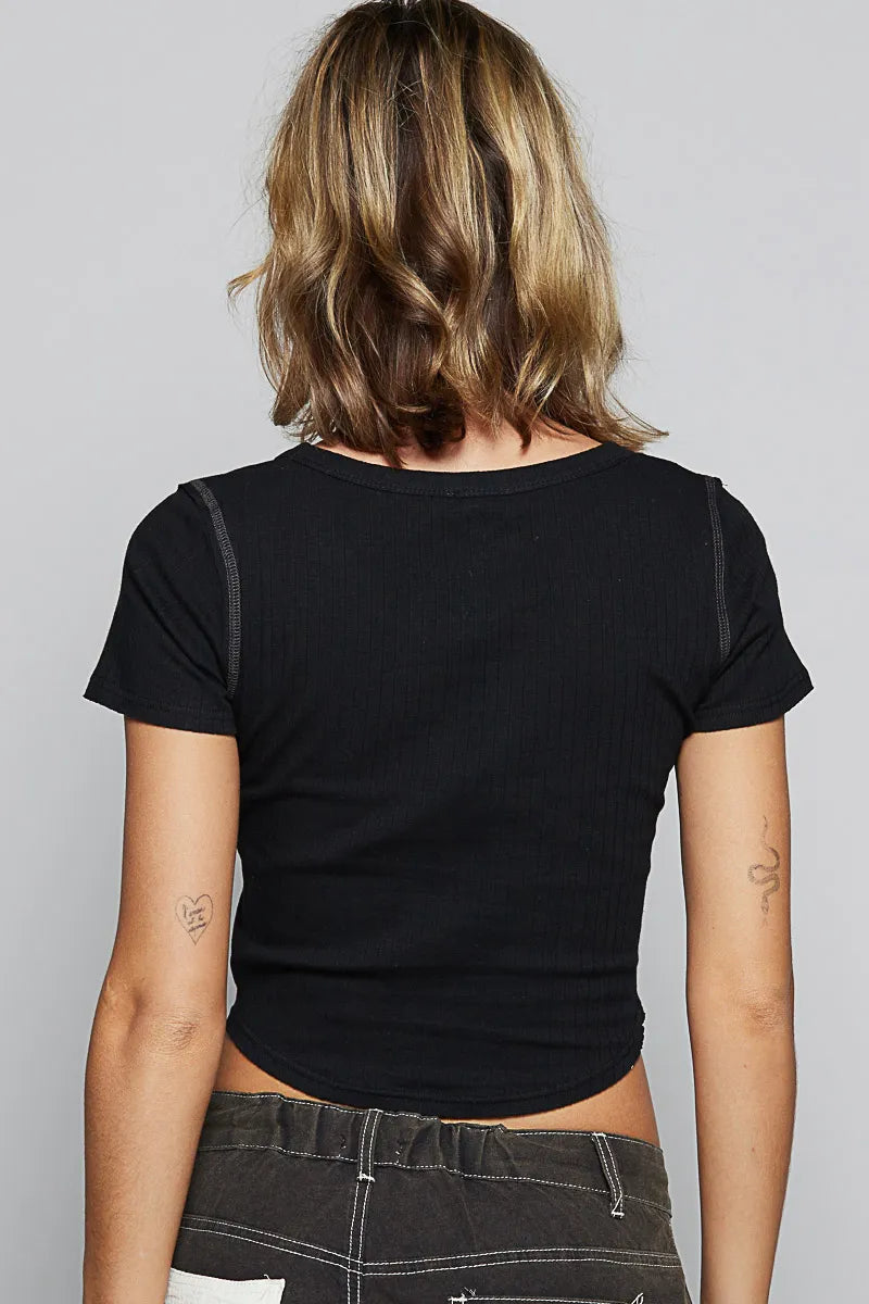 Black Pol Contrast Stitching Round Neck Crop T Shirt 2