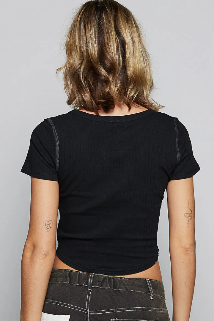 Black Pol Contrast Stitching Round Neck Crop T Shirt 2