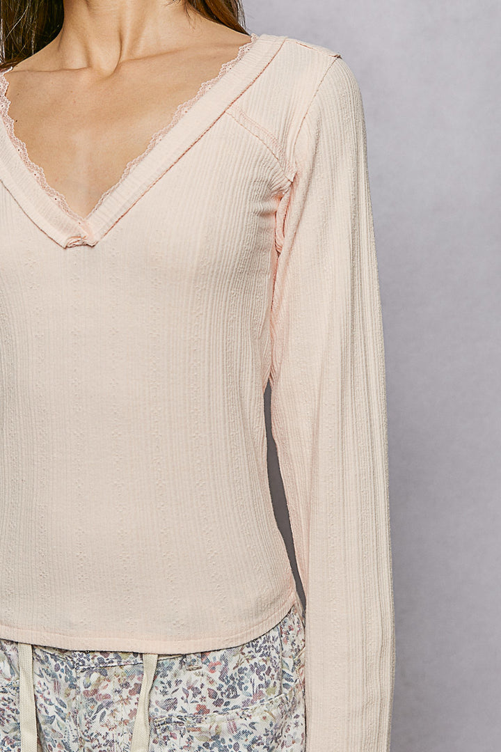 Pol V Neck Long Sleeve Ribbed Top With Lace Accent Neckband 1