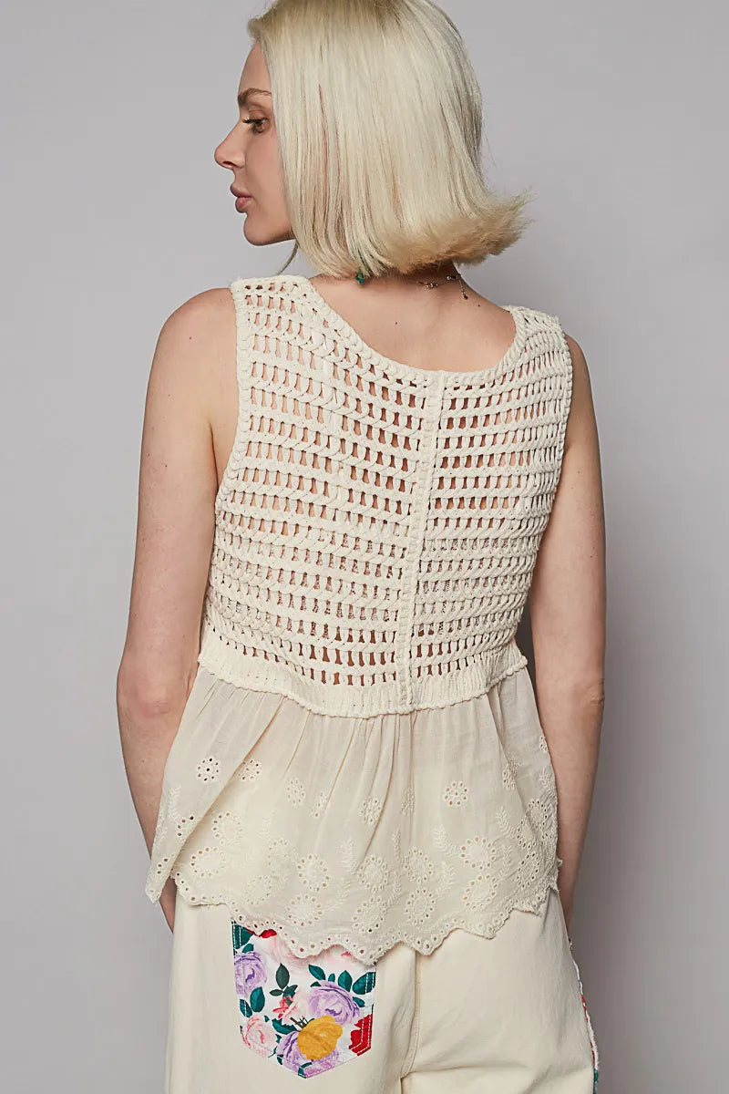Pol Embroidered Detail V Neck Eyelet Peplum Tank