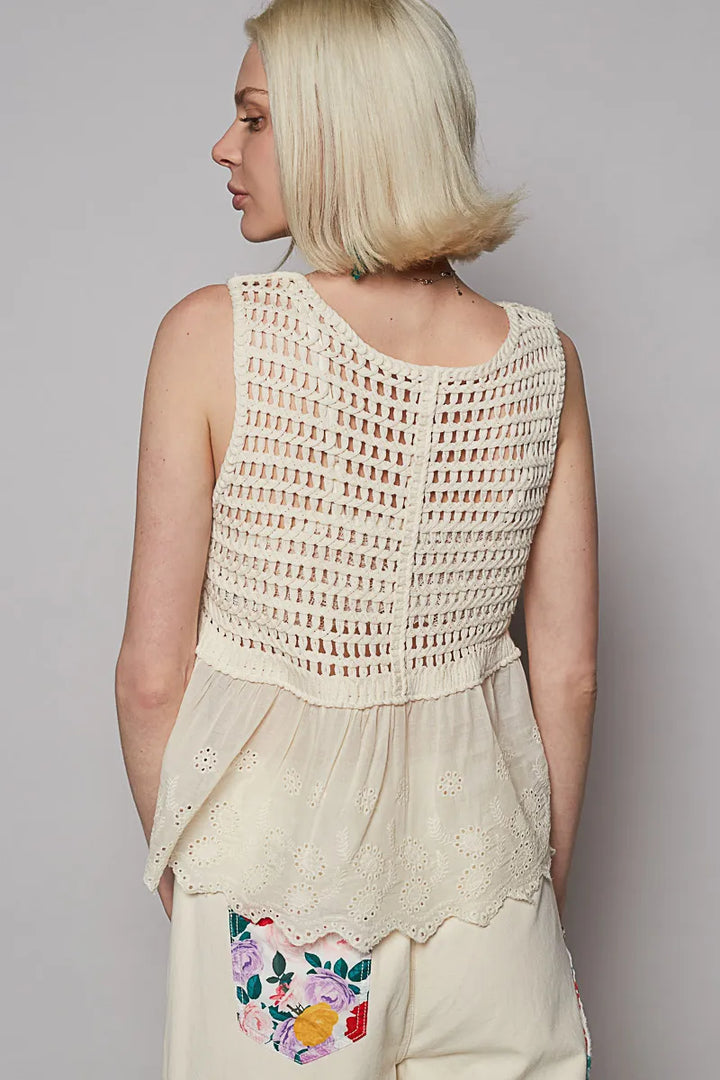 Pol Embroidered Detail V Neck Eyelet Peplum Tank