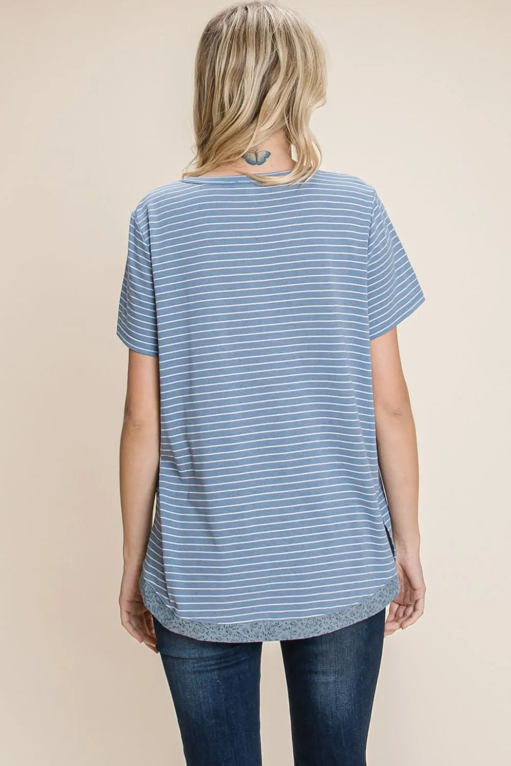 Denim Cotton Bleu By Nu Lab Slit Striped Notched Short Sleeve T Shirt