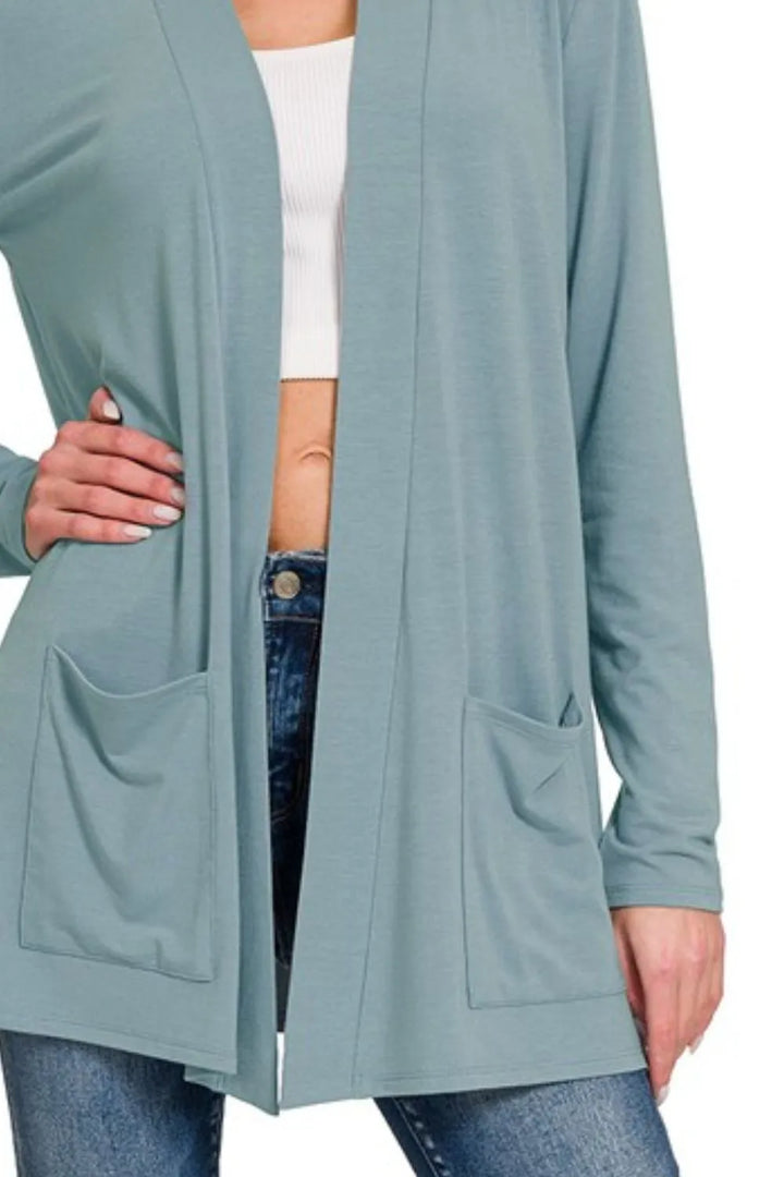 Blue Grey Zenana Slouchy Lightweight Open Front Pocket Cardigan