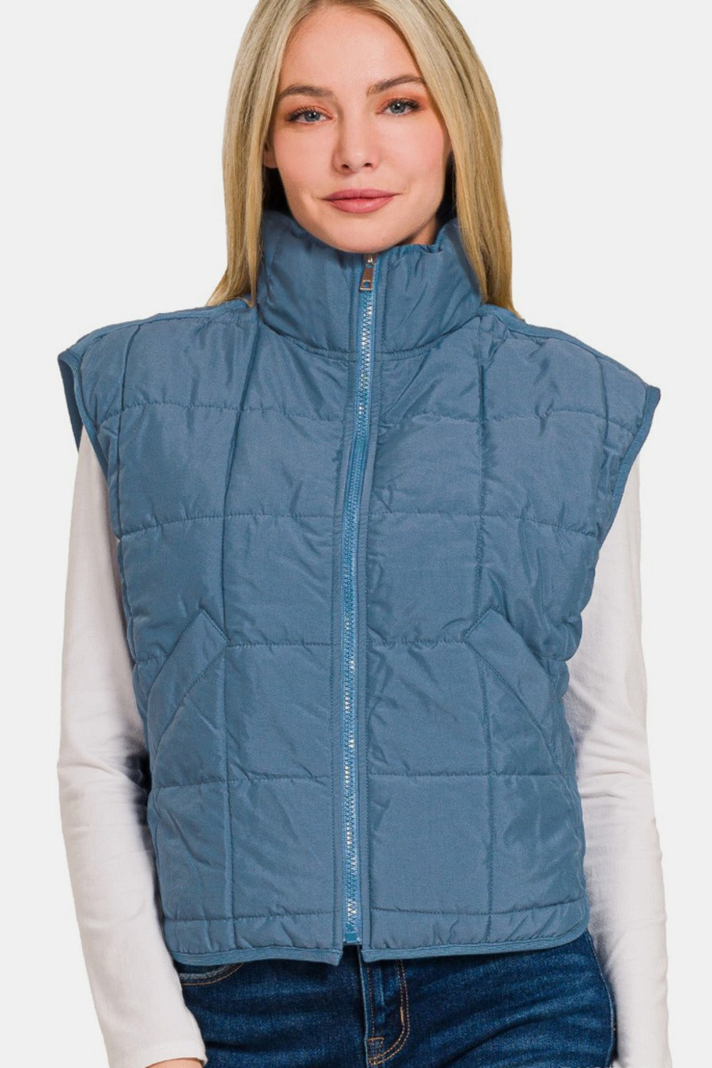 Dusty Blue Zenana Zip Up Cropped Puffer Vest With Pockets 2